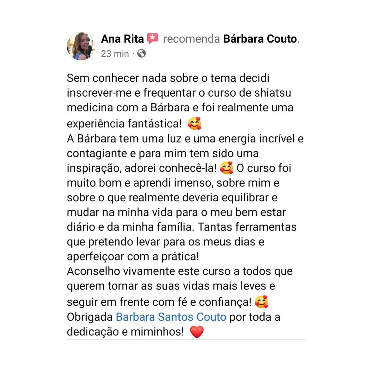 Depoimento de Ana Rita a recomendar a Bárbara Couto